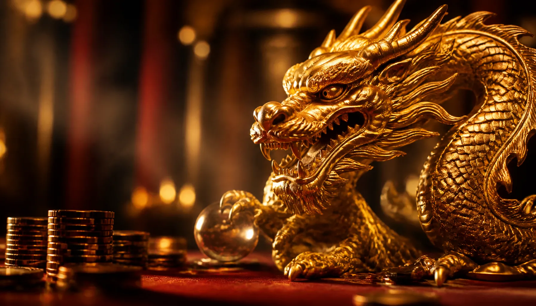 Cinematic close-up of iridescent dragon scale texture surrounding gleaming ancient gold coins in dramatic jewel-toned light